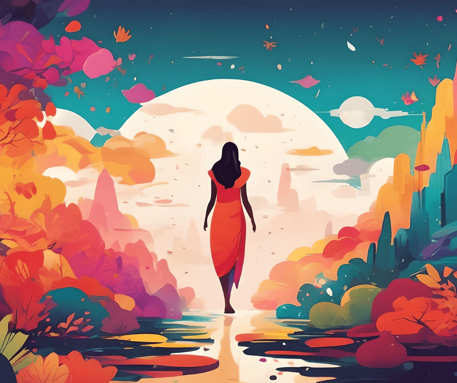 A woman walking down the road towards a full moon.