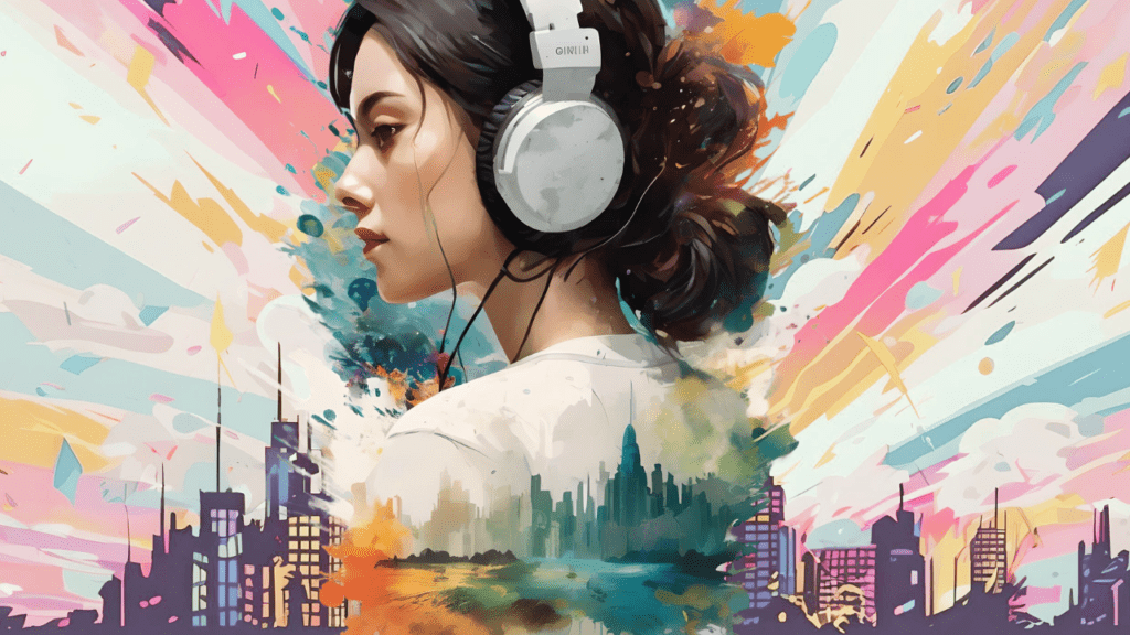 Woman with headphones amidst colorful background.