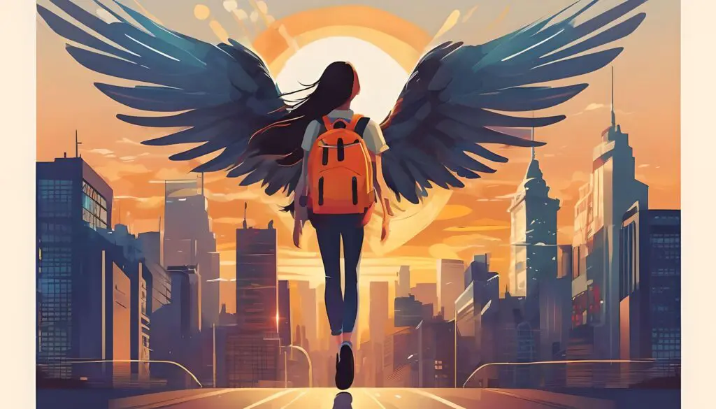 Girl with wings walking in urban sunset.