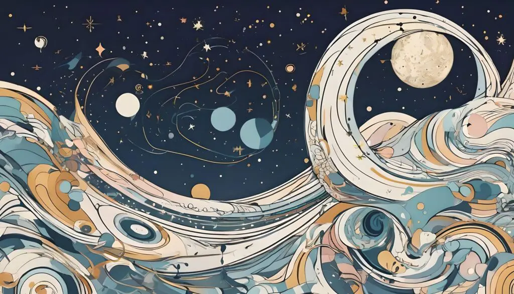 Abstract cosmic waves with stars and planets.