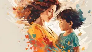 Mother embracing child in colorful artwork.